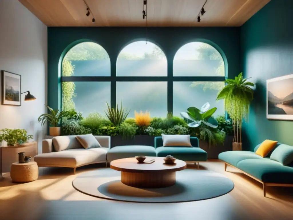 Un salón moderno diseñado con economía circular en mente: muebles reciclados, jardín vertical y luz eficiente, inspirado en la naturaleza