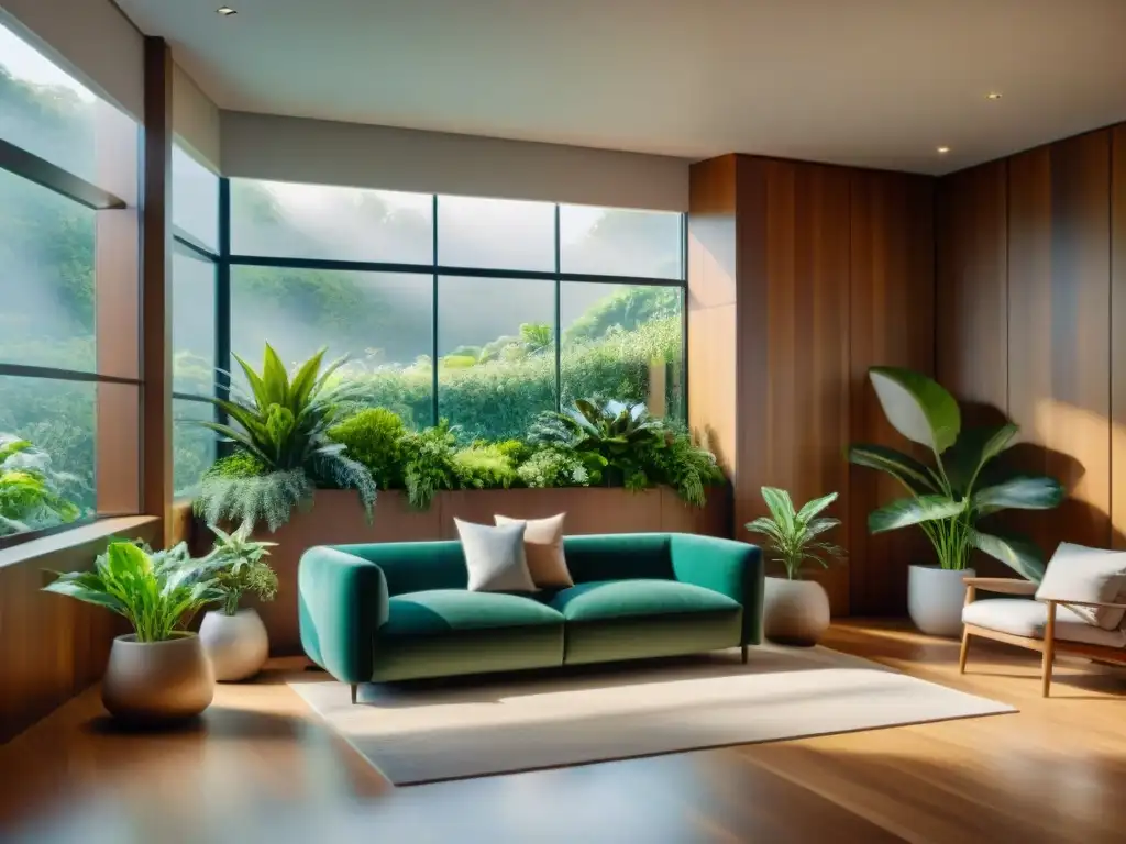 Salón moderno con diseño biofílico impacto calidad aire: plantas, luz natural y muebles de madera crean armonía