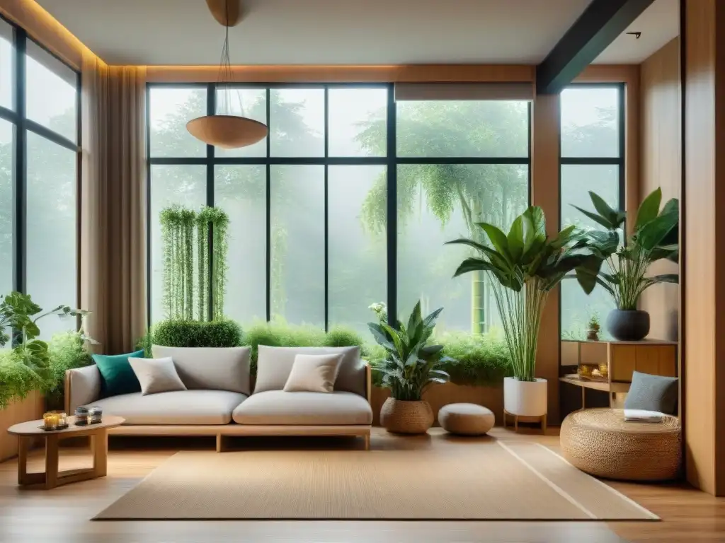 Un salón moderno con diseño ecológico y elementos naturales: plantas verdes, madera y luz natural