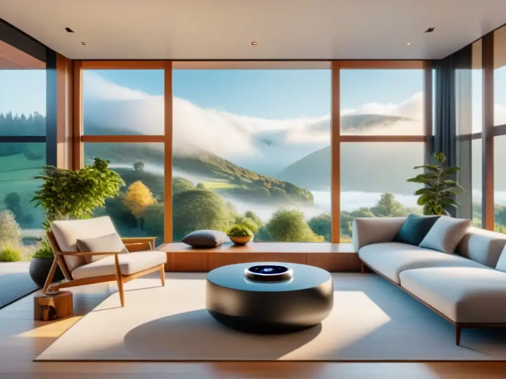 Salón moderno con dispositivos domóticos integrados y eficiencia energética en Smart Homes