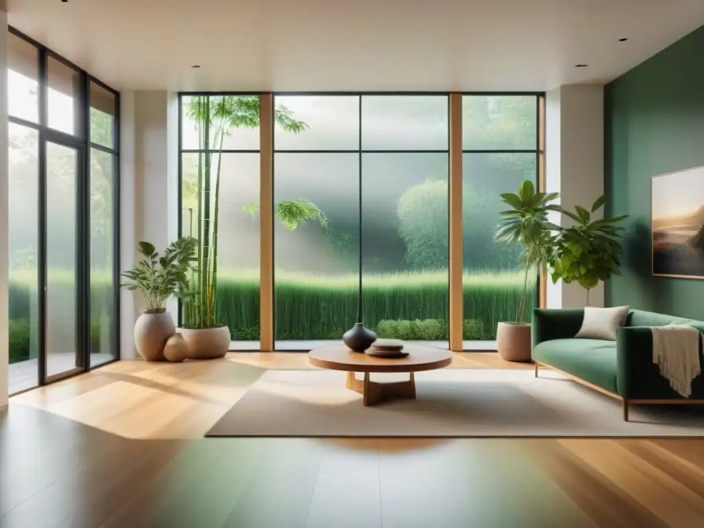 Un salón moderno y ecológico bañado por luz natural con materiales sostenibles