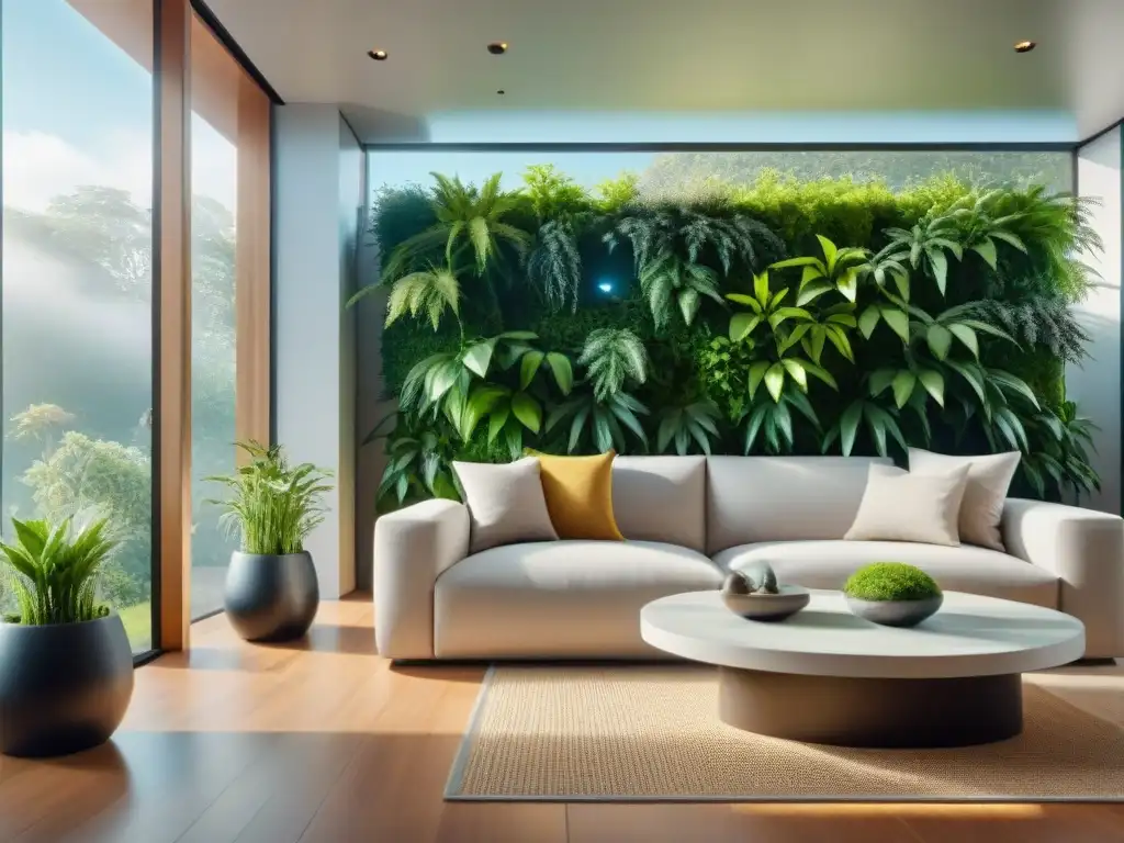 Un salón moderno con elementos sostenibles: pared verde, suelo de bambú, iluminación LED y ventana grande con vista a jardín