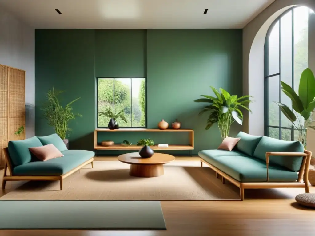 Un salón moderno con muebles ecológicos para calidad del aire, bañado en luz natural y plantas verdes