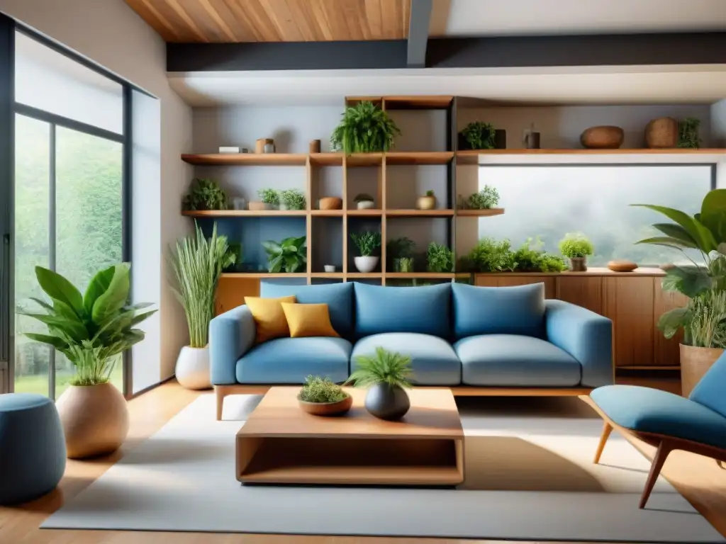 Un salón moderno con muebles reciclados, plantas en envases reutilizados y personas conversando