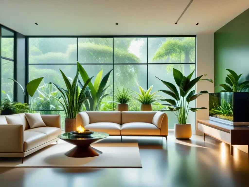 Un salón moderno con plantas purificadoras de aire ecológicas, inundado de luz natural y elegante mobiliario contemporáneo