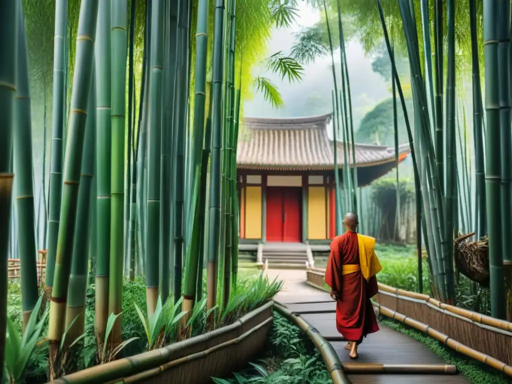 Templo asiático en bosque de bambú: serenidad y espiritualidad Un santuario asiático rodeado de un exuberante bosque de bambú, donde monjes pasean en armonía