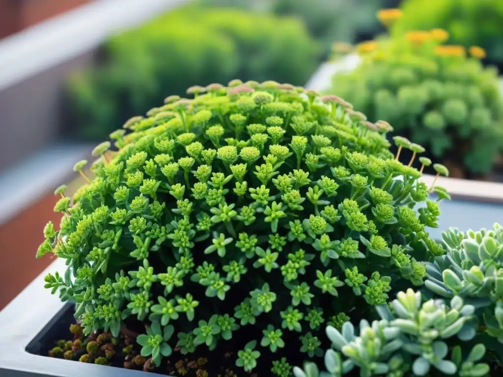 Un sedum verde exuberante en un jardín en la azotea, con raíces, flores y hojas brillantes