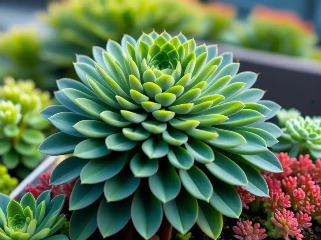 Un sedum verde vibrante en un jardín de techo, simbolizando los beneficios de los techos verdes sostenibles