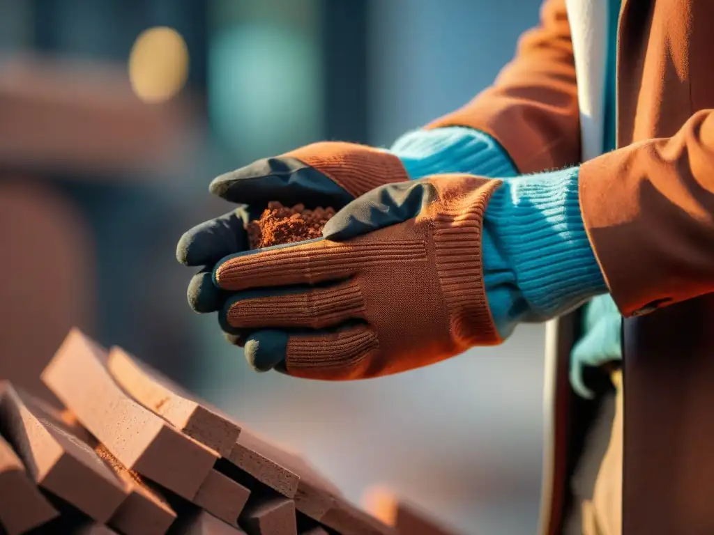 Selección cuidadosa de material de construcción sostenible en tono terracota, resaltando sus texturas naturales