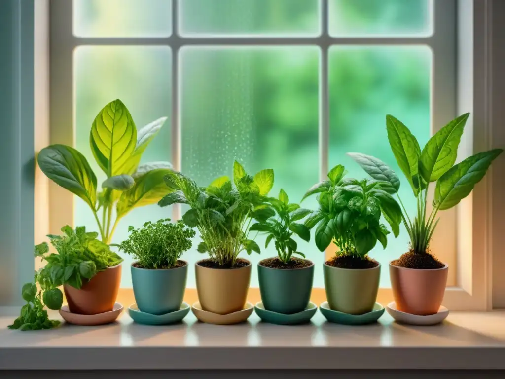 Una selección de hierbas frescas en macetas, iluminadas por el sol en una cocina acogedora