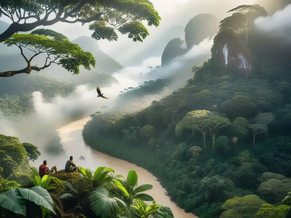 Una selva exuberante con diversa fauna, río serpenteante y turistas admirando la belleza natural