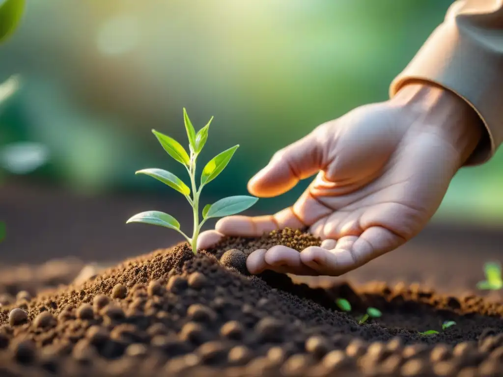 Una semilla en papel ecológico se planta con suave huella en suelo fértil, resaltando la conexión con la naturaleza