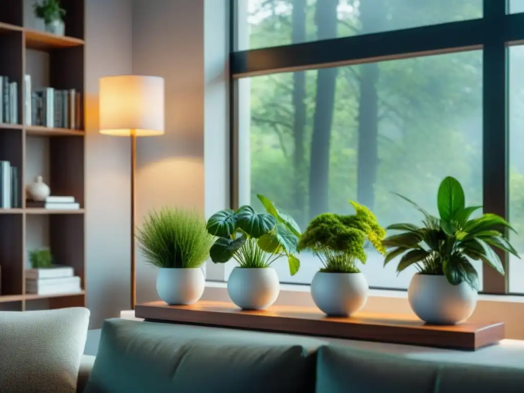 Sensor de calidad del aire en interior saludable con decoración ecológica y plantas verdes