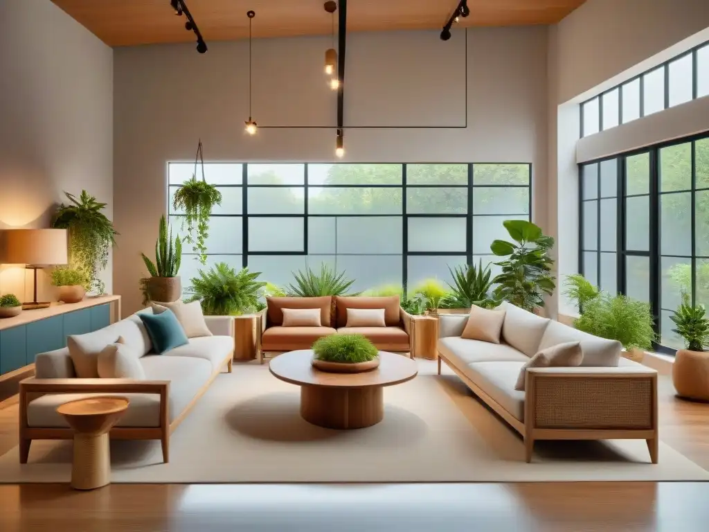 Un showroom ecológico con muebles sostenibles, iluminación eficiente y plantas, fusionando naturaleza y diseño contemporáneo