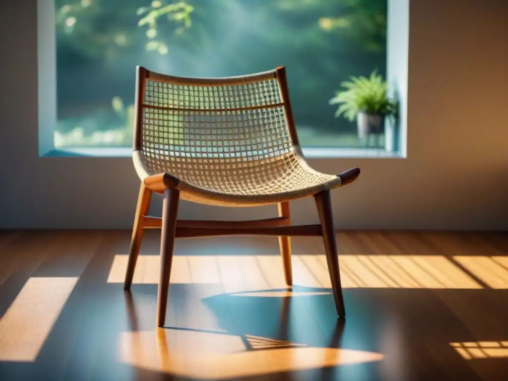 Una silla de cáñamo tejida con detalle, resalta su diseño sostenible en un ambiente cálido