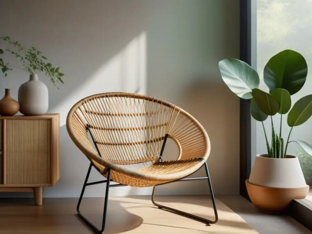 Silla de ratán tejida con luz natural en un rincón minimalista