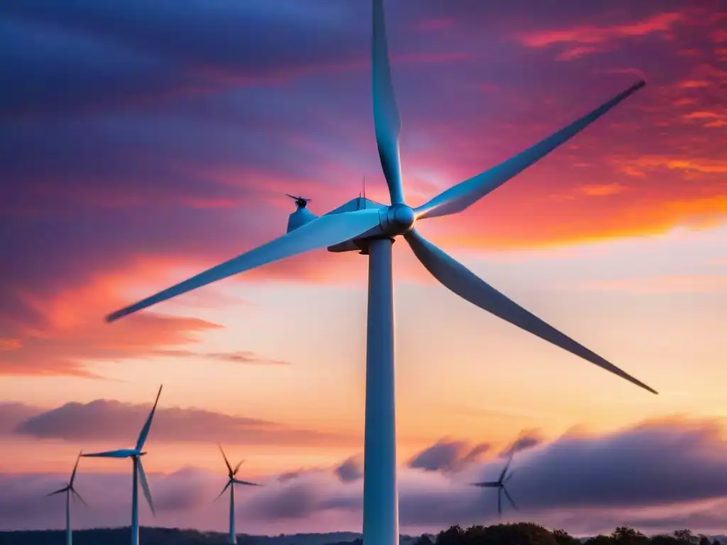 Silueta de majestuoso aerogenerador al atardecer con cielo naranja y rosa vibrante