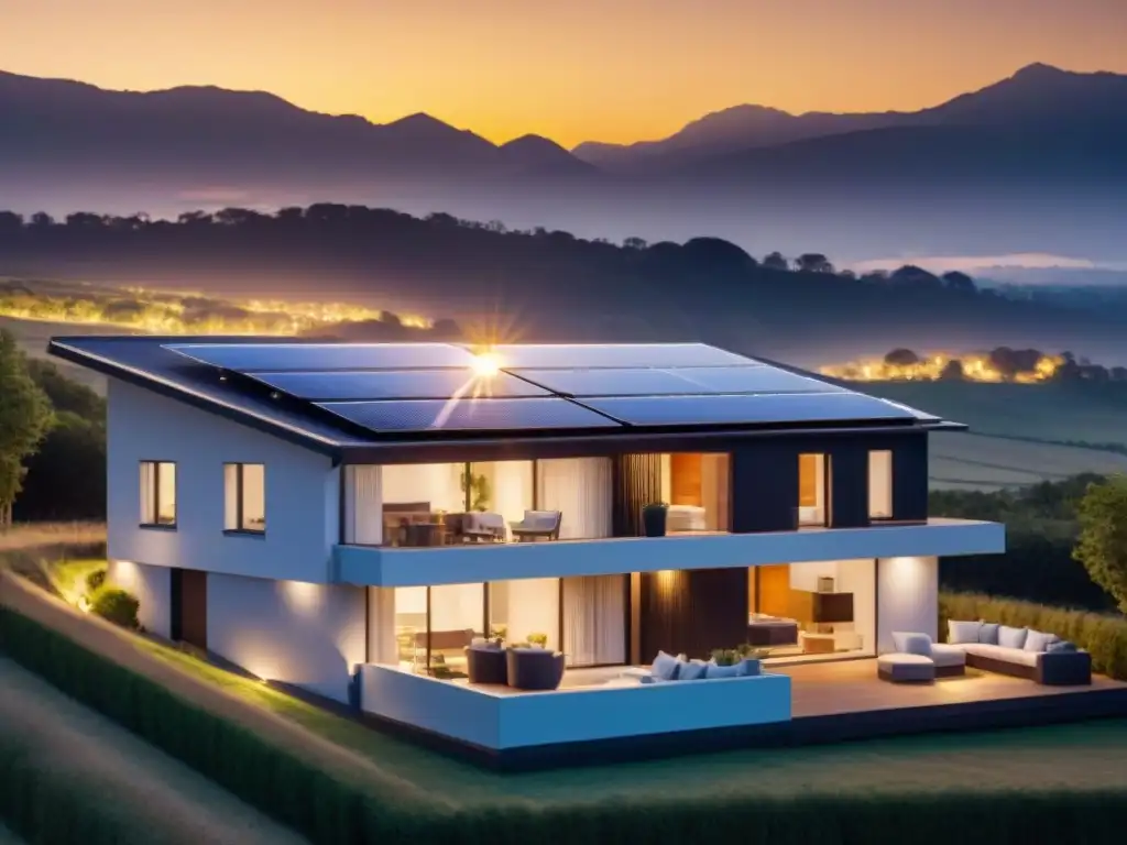 Silueta moderna casa residencial con paneles solares brillantes al atardecer y sistema almacenamiento energía solar hogar