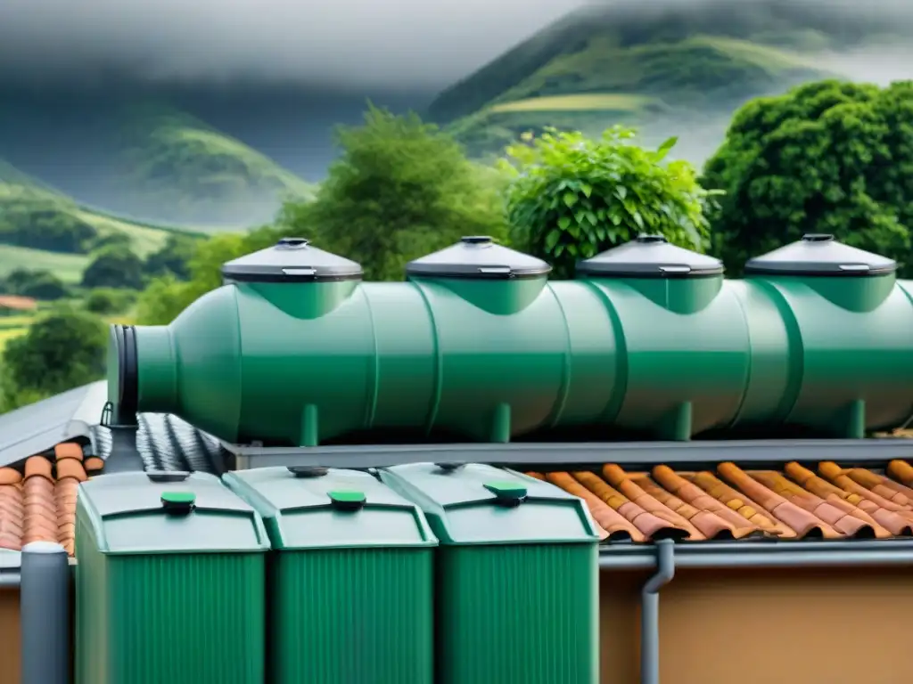 Un sistema de recolección de agua lluvia detallado en un tejado, cumpliendo con normativas recolección agua lluvia