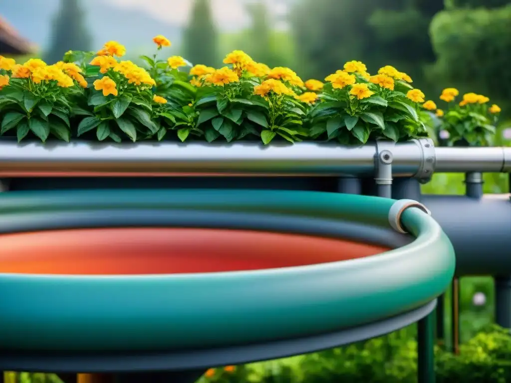 Un sistema de recolección de agua de lluvia en un jardín exuberante, destacando soluciones sostenibles para fuentes de agua en jardines