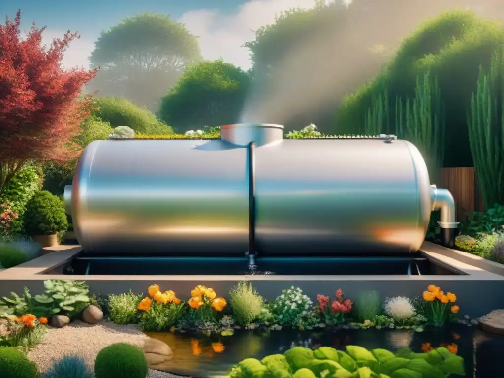 Un sistema de recolección de agua de lluvia instalado en un jardín exuberante