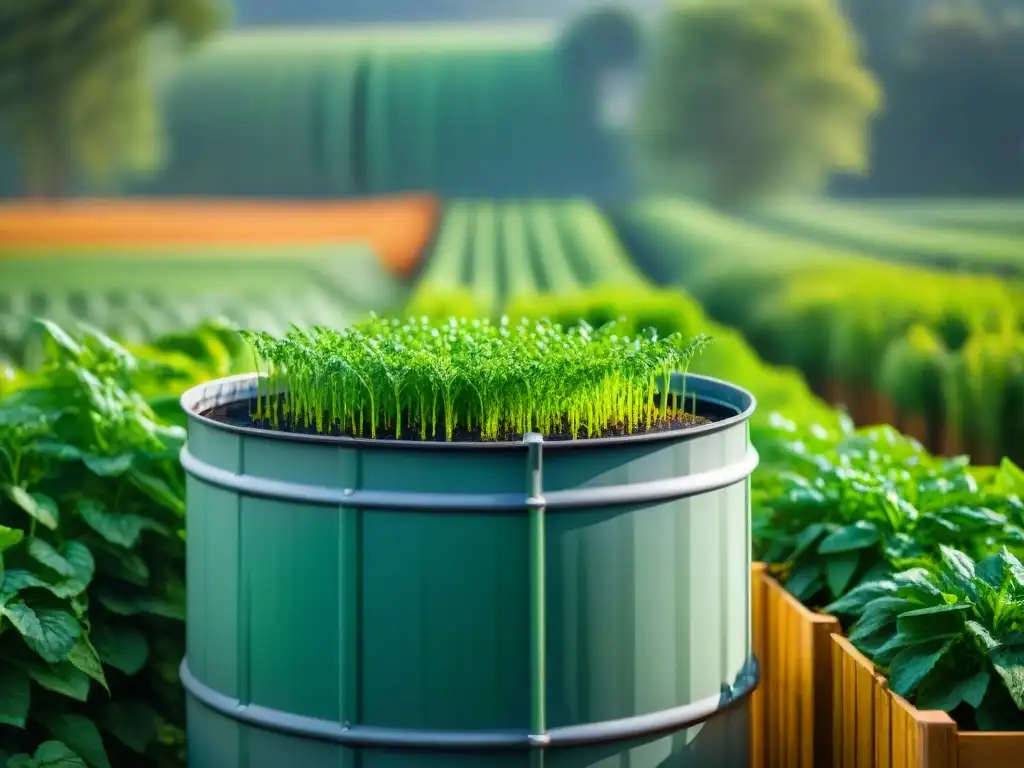 Un sistema de recolección de agua lluvia sostenible en acción, con gotas cayendo en un barril de diseño moderno, rodeado de vegetación exuberante