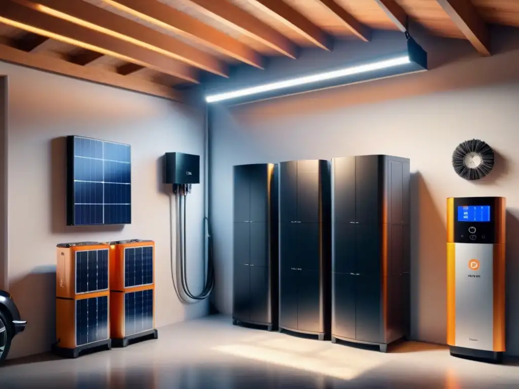 Un sistema de almacenamiento de energía sostenible para el hogar, con paneles solares, batería y pantalla digital en un garaje ordenado y luminoso