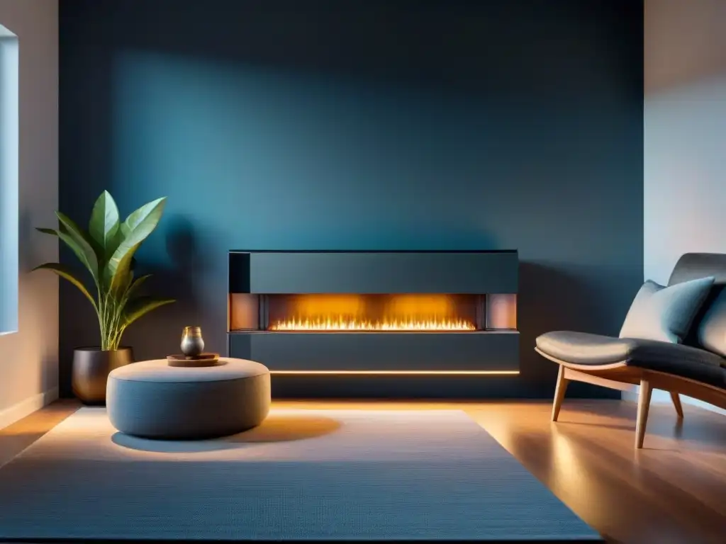 Detalles ecofriendly de sistema de climatización integrado en sala moderna Un sistema ecológico de calefacción y refrigeración integrado en un elegante salón, destacando su diseño innovador y sostenible