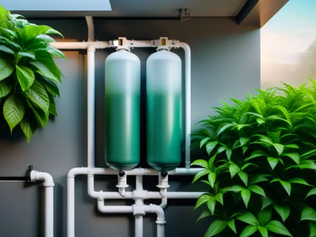 Filtración de agua avanzada en edificio comercial Un sistema de filtración de agua sofisticado en un edificio comercial, rodeado de plantas verdes en un entorno urbano sostenible