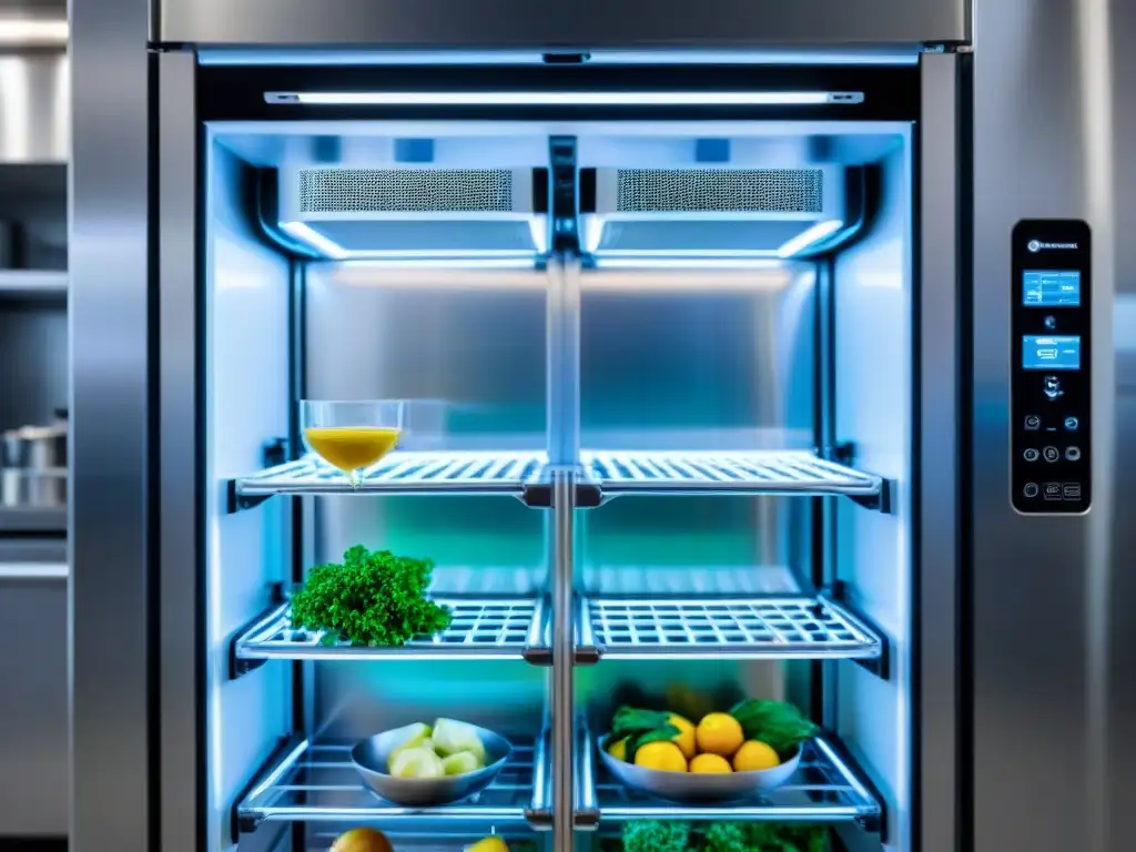 Un sistema de refrigeración ecológica innovador en una cocina sostenible, con chefs y científicos colaborando