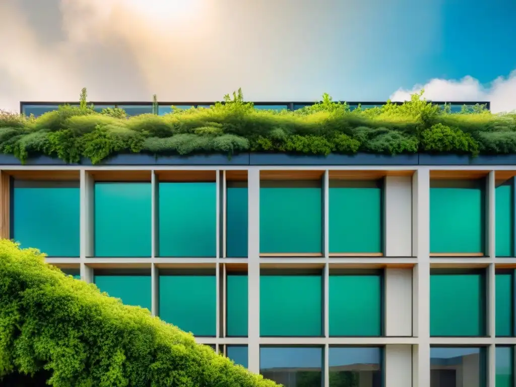 Sistema de ventilación natural en arquitectura verde con jardín en la azotea y grandes ventanales iluminados por el sol