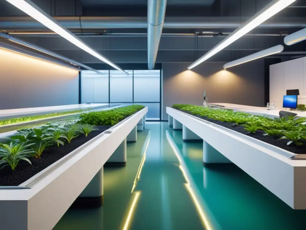 Sistema de reciclaje de aguas grises: innovación sostenible en la oficina Un sistema de reciclaje de aguas grises sostenible en un edificio comercial, con tuberías futuristas y tanques de filtración