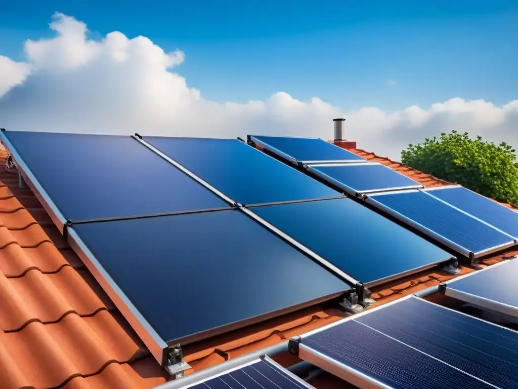 Un sistema solar de calentamiento de agua en un tejado residencial, con paneles negros y tanque moderno, bajo un cielo azul brillante