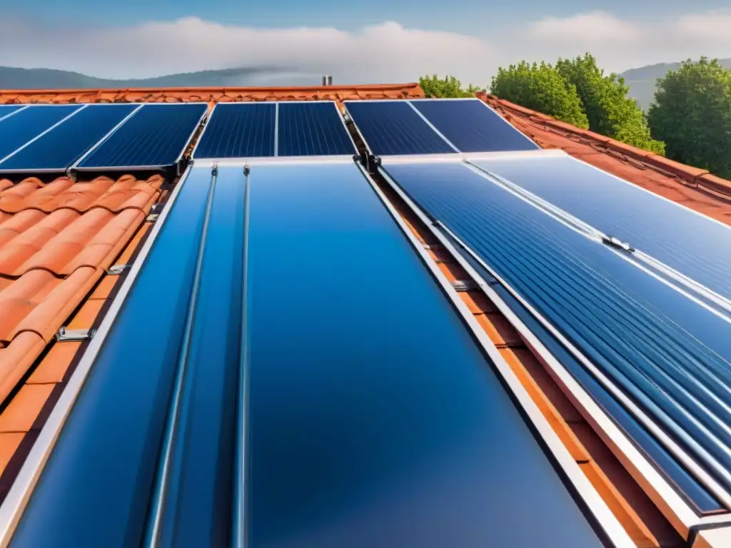 Un sistema solar de calentamiento de agua moderno en funcionamiento, reflejando eficiencia y beneficios ecofriendly