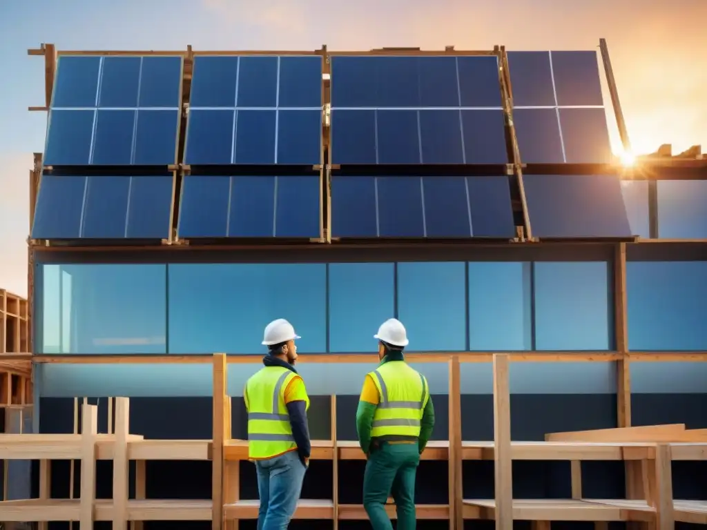 Un sitio de construcción moderno con materiales ecoamigables, trabajadores y luz cálida al atardecer