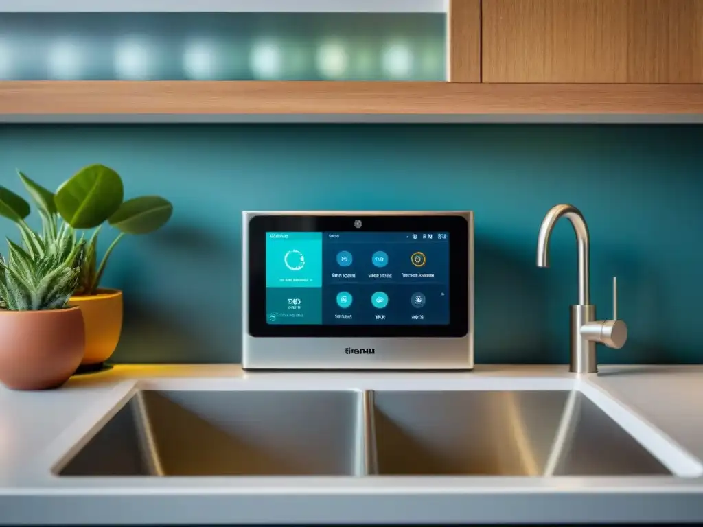 Soluciones Smart Home para ahorrar agua: sistema de monitoreo moderno integrado en cocina eco-friendly