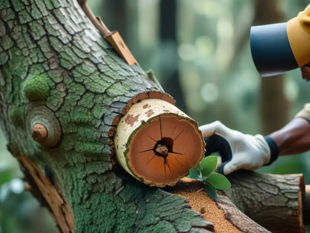 Extracción sostenible de corcho en un bosque de alcornoques, resaltando la belleza natural de los pisos de corcho sostenibles