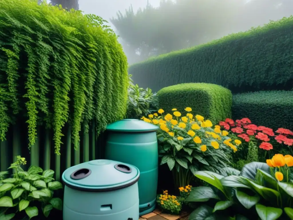 Jardín sostenible con diseño de recolección de agua lluvia, repleto de vegetación exuberante y flores coloridas