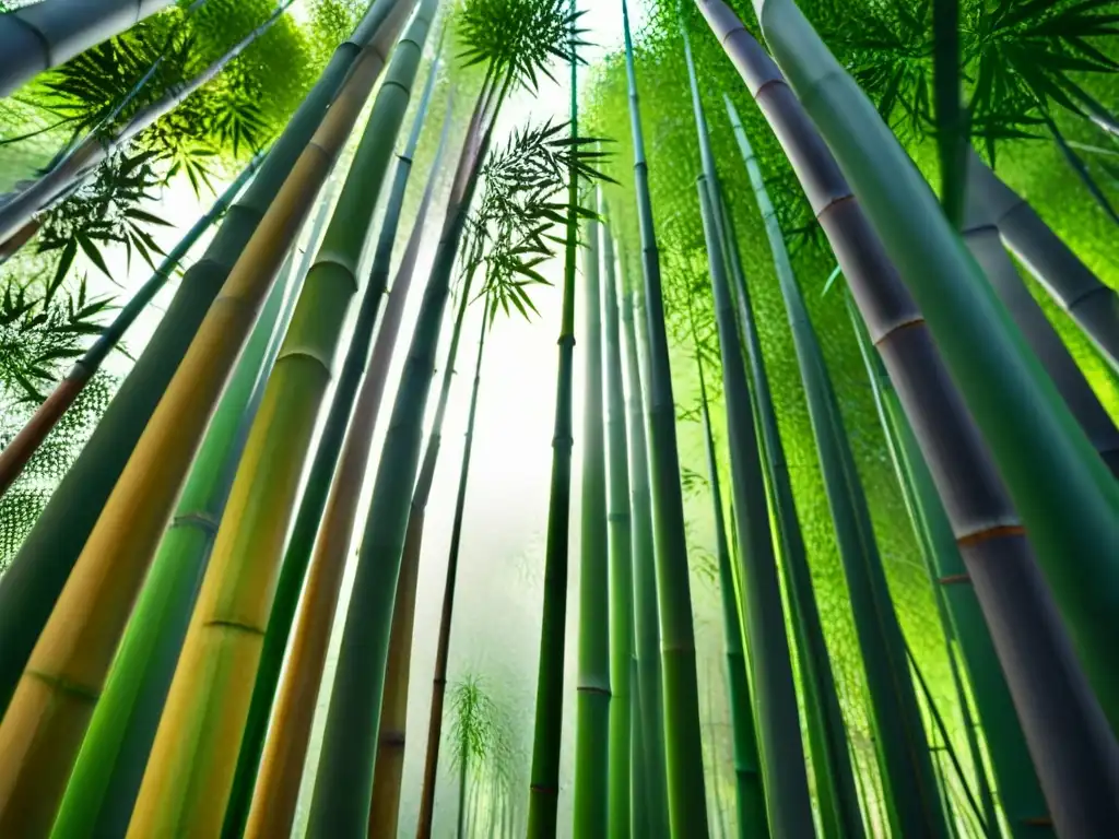 Decoración sostenible con bambú: Detalle de un exuberante bosque de bambú, con patrones y texturas únicos bajo la luz del sol