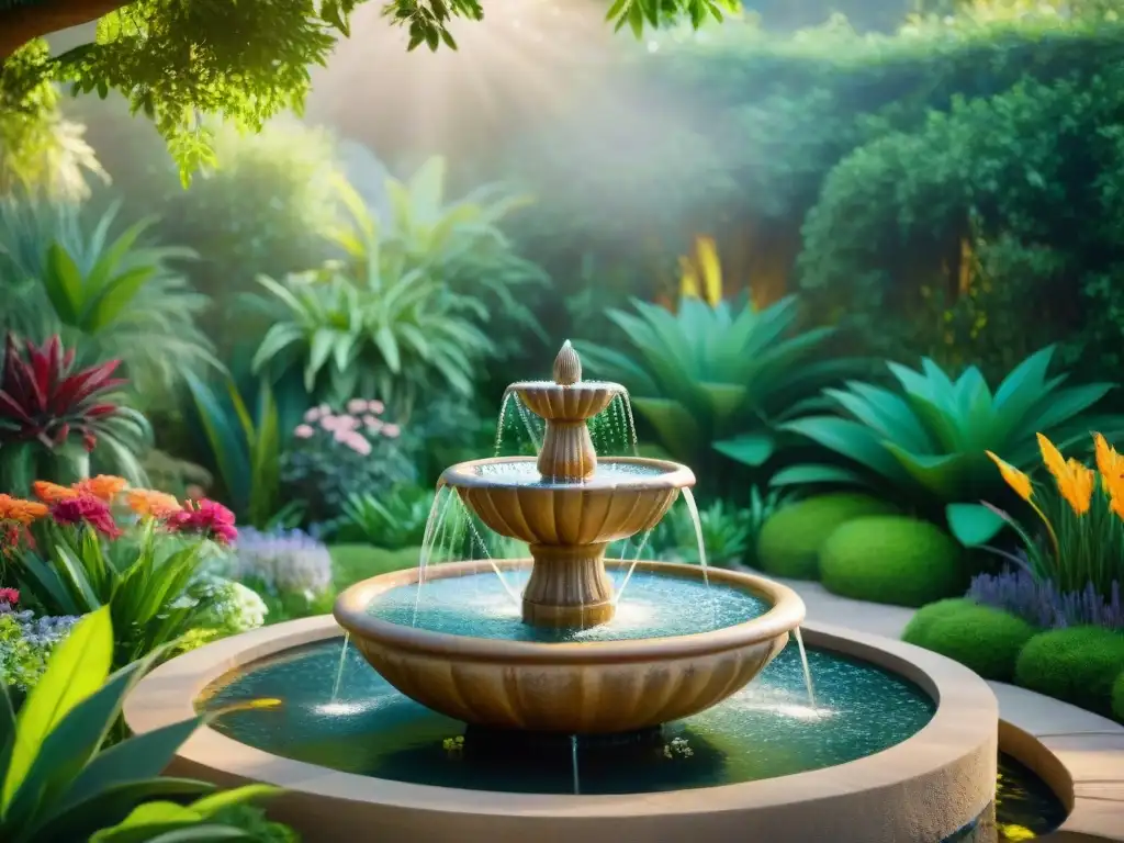 Jardín sostenible con fuente de agua reciclada, cascada de piedra y plantas coloridas bajo el sol