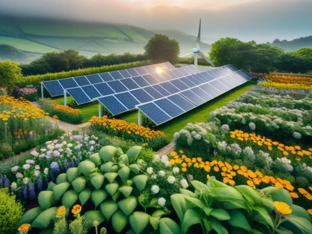 Un jardín sostenible lleno de flores coloridas, paneles solares integrados, una turbina eólica y biodiversidad