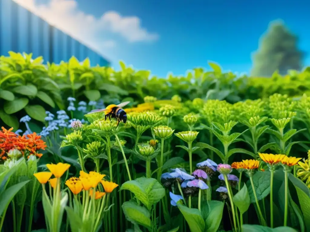 Un jardín sostenible lleno de flores vibrantes bajo el cielo azul