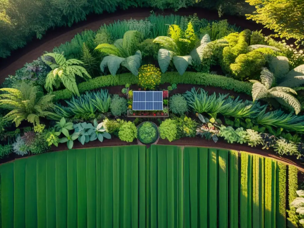 Un jardín sostenible lleno de vida y color, con diseño meticuloso y armonía con la naturaleza