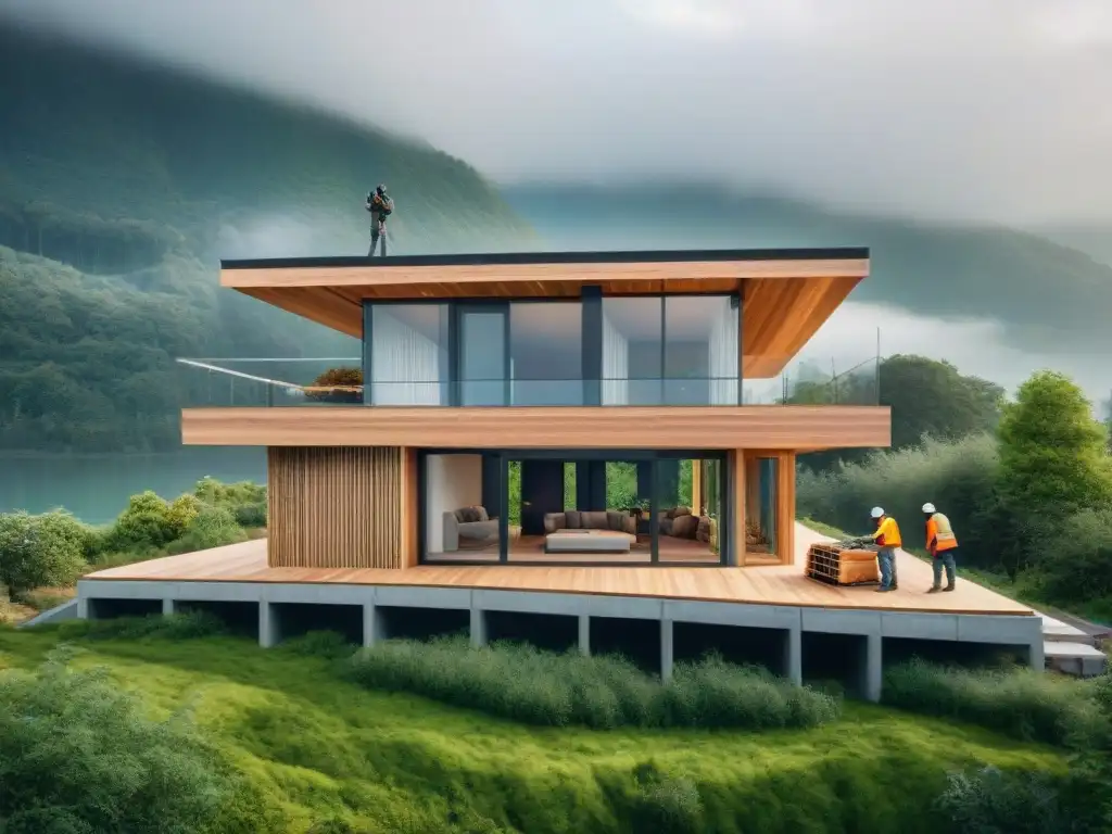 Construcción sostenible con materiales innovadores: casa ecológica en construcción, trabajadores ensamblando componentes ecofriendly