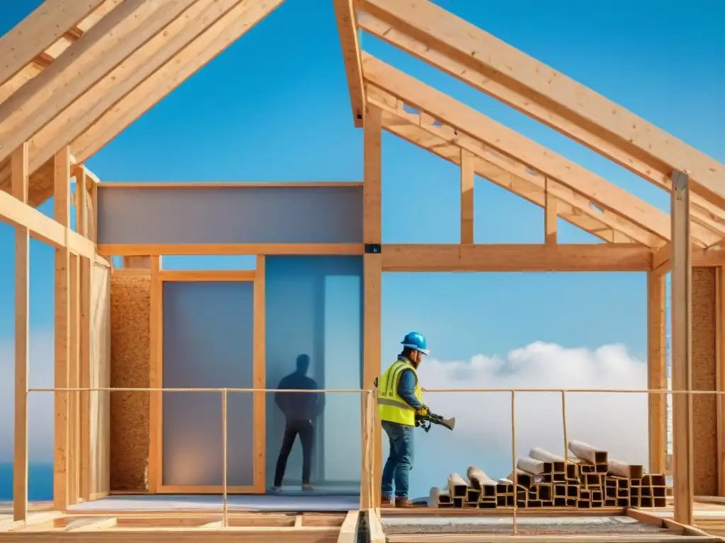 Construcción sostenible con materiales reciclados: Obreros construyendo una casa ecológica con madera y metal reciclados, bajo un cielo azul