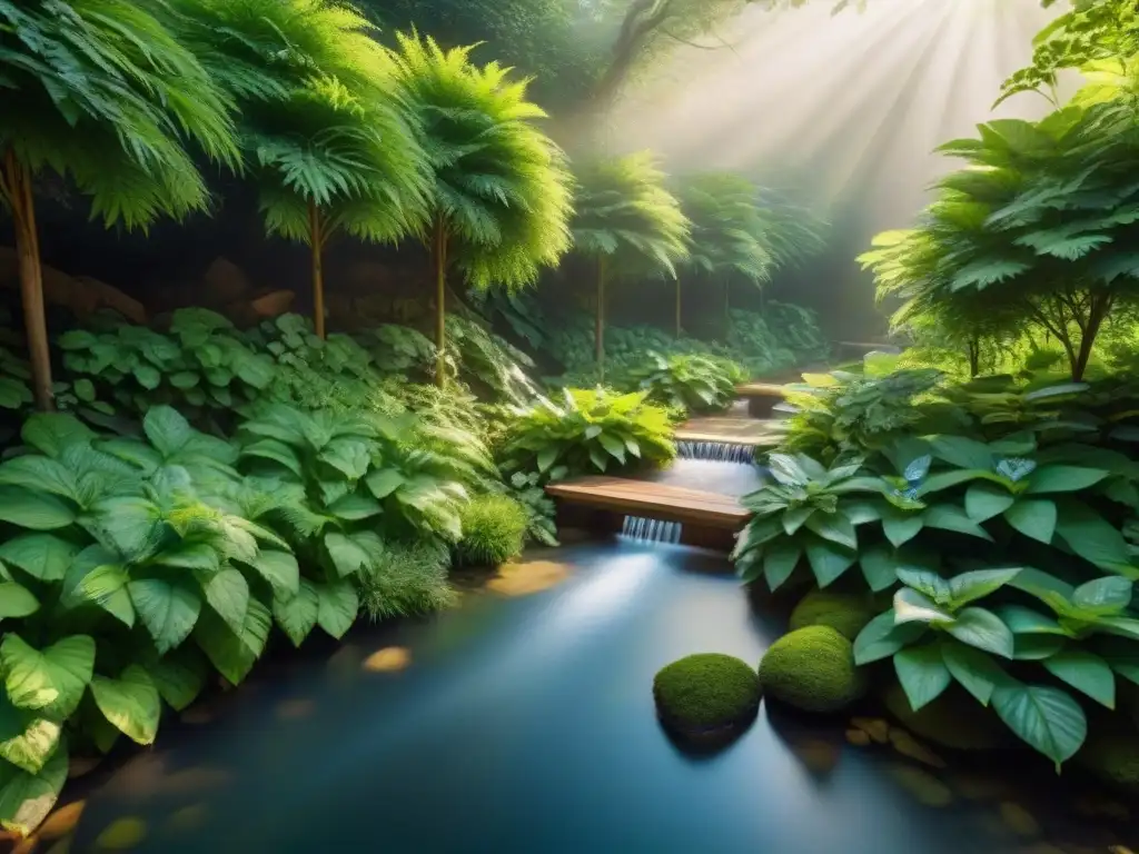 Jardín sereno con micro hidroeléctrica integrada Jardín sostenible con microhidroelectricidad integrada en paisaje sereno