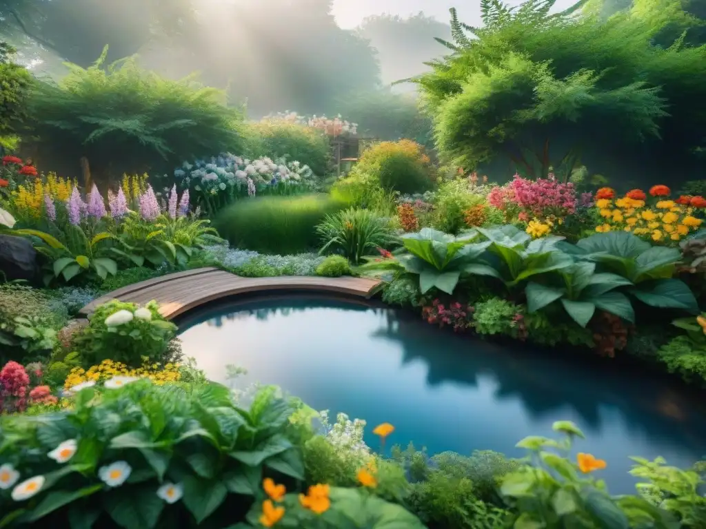 Jardín sostenible con microturbinas: oasis de tranquilidad Un jardín sostenible con microhidroelectricidad, lleno de vegetación exuberante y flores en flor