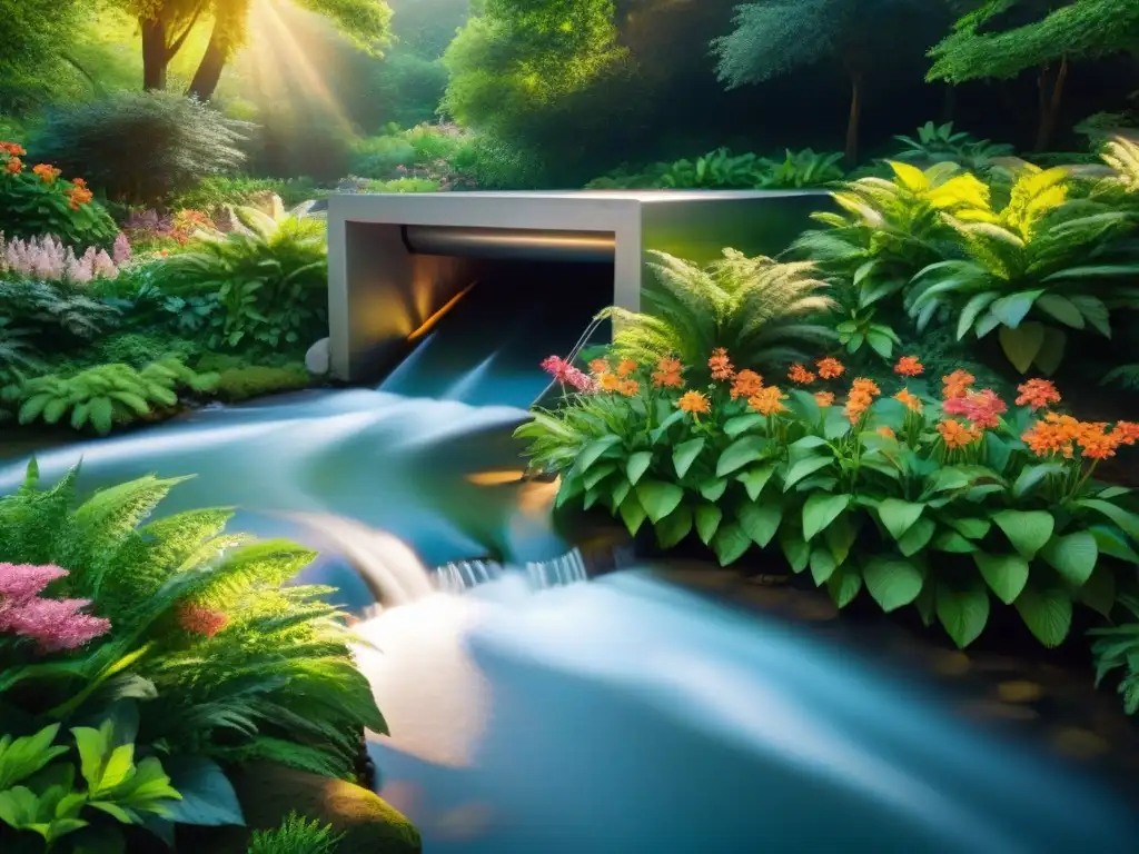 Armonía natural: mini turbina hidroeléctrica en jardín exuberante Un jardín sostenible con microhidroelectricidad, donde la naturaleza y la energía se fusionan armoniosamente