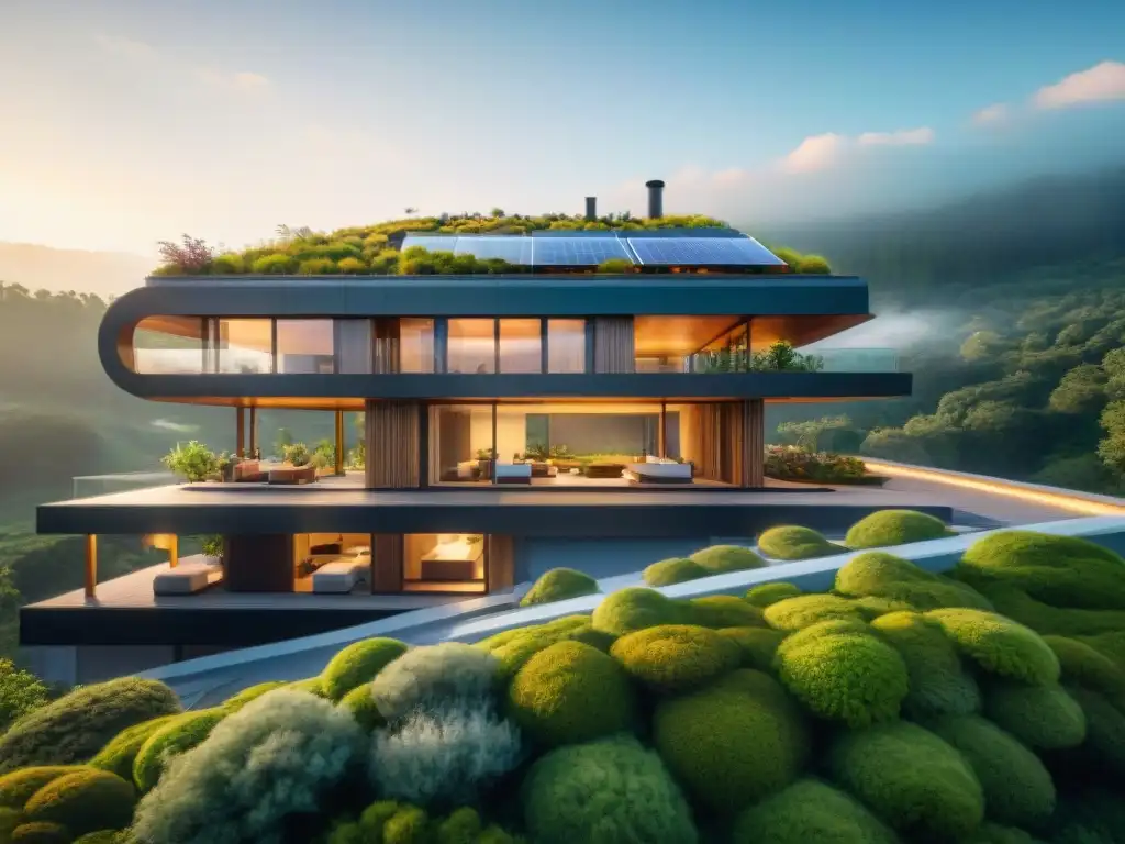 Construcción sostenible con normativas avanzadas: diseño innovador que armoniza naturaleza y arquitectura en un entorno sereno al atardecer