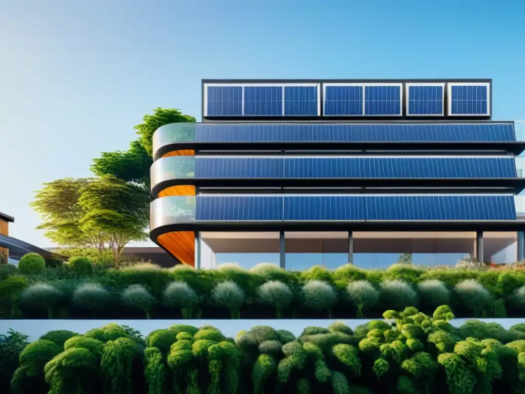 Construcción sostenible con normativas avanzadas: Edificio ecoamigable con tecnologías verdes y jardín comunitario